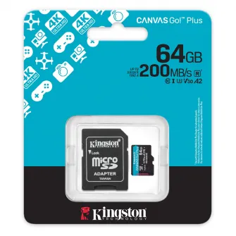 64GB microSD Class10 A2 UHS-I U3 (V30) Kingston Canvas Go Plus Gen 4 + SD Adapter, Ultimate, up to 200Mb/s, Ideal for Android mobile devices, action cams, drones and 4K video production