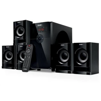 SVEN HT-201 Black, 5.1 / 20 Вт + 5x12 Вт RMS, Bluetooth+EDR, FM-тюнер, вход USB и SD-карты, цифровой светодиодный дисплей, встроенные часы, пульт дистанционного управления, все сделано из дерева (sub.5.3 + спутников. 3,2 дюйма)