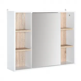 HOMCOM Dulap cu Oglinda din MDF si PAL, Dulap de Baie cu 3 Rafturi Laterale si Raft Interior Reglabil, 60x14.5x49.4 cm, Alb si Lemn Natur