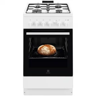 Aragaz Electrolux LKG504012W, Gaz, 4 arzatoare, Aprindere integrata plita si cuptor, Siguranta plita si cuptor, Autocuratare catalitica, Grill electric, Rotisor, 50 cm, Alb
