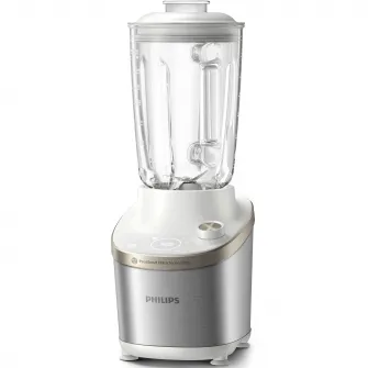Blender de mare viteza Philips HR3760/01, 1500 W, vas de sticla capacitate 2 l, corp din metal alb, 4 lame zimțate, setari de viteza variabila, presetare si funcție impuls, ecran LED si buton, alb