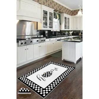 Covor de bucatarie Home Oyo Home, 120x180 cm, poliester, print digital, spate antiderapant, alb/negru