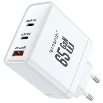 Incarcator retea GaN 2x Type-C si 1x USB-A, 65W, Fast Charge, EU Plug, Alb