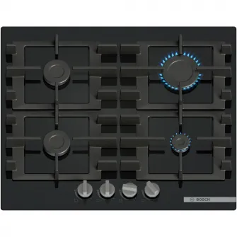 Plita incorporabila Bosch PNP6B6K40, Gaz, 4 arazatoare, Gratar fonta, 60 cm, Sticla neagra