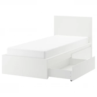 IKEA MALM Cadru pat inalt+2 cutii depozitare, alb/Lönset, 90x200 cm