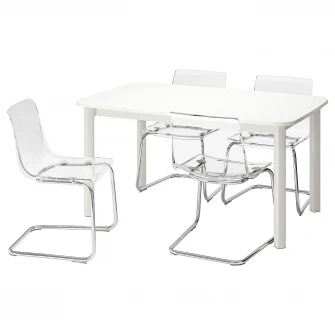 IKEA STRANDTORP / TOBIAS Masa + 4 scaune, alb/trnsp, 150/205/260x95 cm