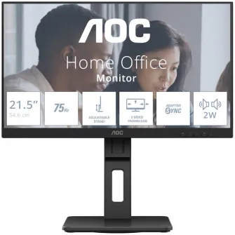 Monitor AOC, 21.5'', VA, FHD, 75Hz, 4ms, FlickerFree, Boxe 2W x 2, HA, Pivot, HDMI, DisplayPort, USB, hub, 22E2UMF, Negru
