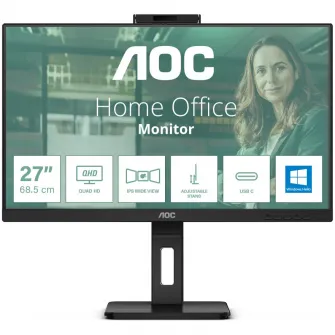 Monitor AOC, 27'', IPS, QHD, 75Hz, 4ms, FlickerFree, Boxe 5W x 2, Webcam, HA, Pivot, HDMI, DisplayPort, DaisyChain, USB, hub, USC-C, RJ45, Q27P3CW, Negru