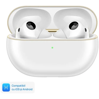 Casti In-Ear HUAWEI FreeBuds Pro 4, True Wireless, Hybrid ANC, Bluetooth, IPX54, Multi point connection, Automonie 33h, Carcasa incarcare wireless, White