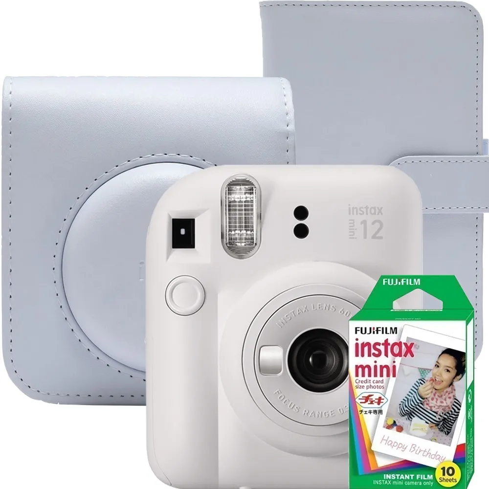 Set aparat foto instant Fujifilm Instax mini 12, Clay White cu husa, album foto si film 1x10