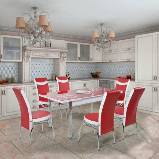 Set Masa Extensibila Cu 6 Scaune Tapitate Olimpia Bucatarie Rosu Alb 3c