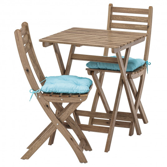 Ikea Askholmen Masa 2 Scaune Exterior Vopsit Gri Maro Kuddarna Albastru Bleu