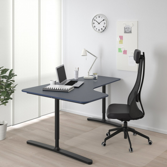 Ikea Bekant Birou Colt Stanga Linoleum Albastru Negru 160x110 Cm