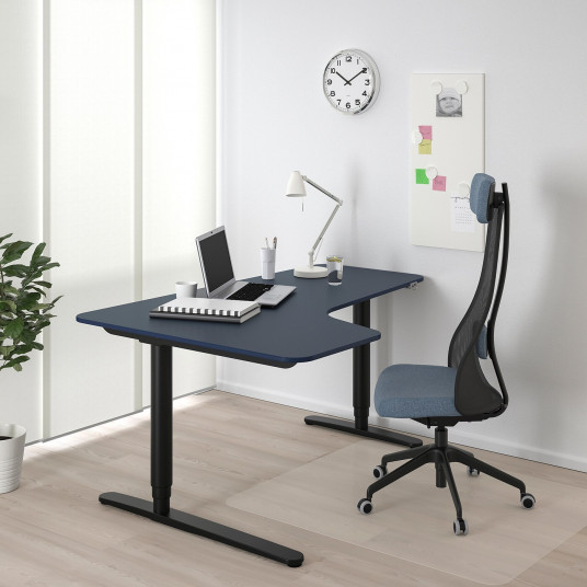 Ikea Bekant Birou Colt Stanga Linoleum Albastru Negru 160x110 Cm