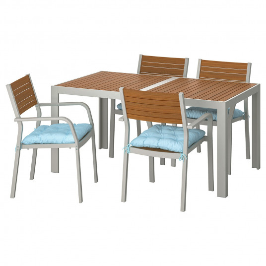 Ikea Sjalland Masa 4 Scaune Cu Brate Exterior Maro Des Kuddarna Albastru Bleu 156x90 Cm