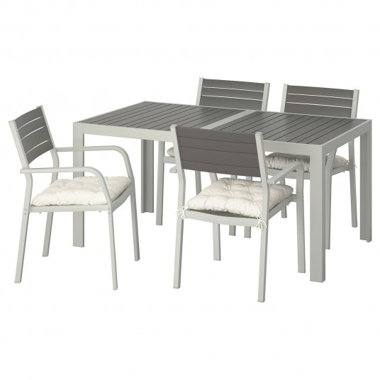 Ikea Sjalland Masa 4 Scaune Cu Brate Exterior Gri Inchis Kuddarna Bej 156x90 Cm