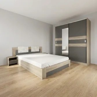 Dormitor Hoff City 7024, Pat 160x200 cm, 2 Noptiere 40x30,5x39 cm, Dulap cu usi glisante 180x59,5x211 cm, Sonoma inchis + bazalt