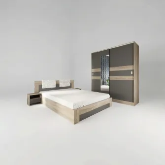 Dormitor Hoff City 7024, Pat 160x200 cm, 2 Noptiere 40x30,5x39 cm, Dulap cu usi glisante 180x59,5x211 cm, Sonoma inchis + bazalt