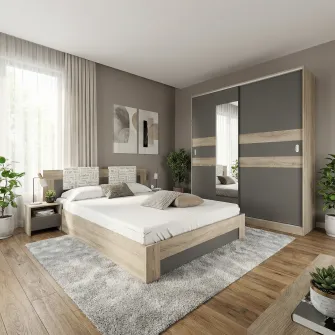 Dormitor Hoff City 7024, Pat 160x200 cm, 2 Noptiere 40x30,5x39 cm, Dulap cu usi glisante 180x59,5x211 cm, Sonoma inchis + bazalt
