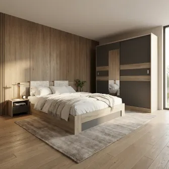 Dormitor Hoff City 7024, Pat 160x200 cm, 2 Noptiere 40x30,5x39 cm, Dulap cu usi glisante 180x59,5x211 cm, Sonoma inchis + bazalt