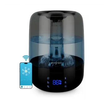 Umidificator Evoair LUNO, Smart, Wifi, Rezervor 2.5L, Capacitate de umidificare 150 ml/h, Senzor umiditate, Autonomie 16 ore, Indicator umiditate si temperatura, Filtru mineral Anticalcar - Negru, Gri