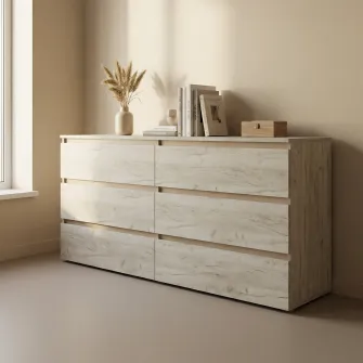 Comoda 4home Ideea K, 76x180x42 cm, 6 sertare, Stejar Kraft Gri/Satin