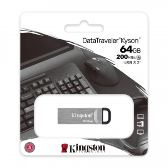 64GB USB3.2  Kingston DataTraveler Kyson Silver, Metal casing, Compact and lightweight (Read 200 MByte/s)