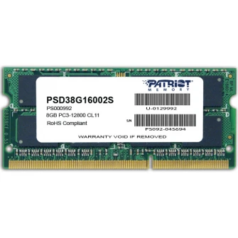8GB DDR3-1600 SODIMM  Patriot Signature Line, PC12800, CL11, 2 Rank, Double-sided module, 1.5V