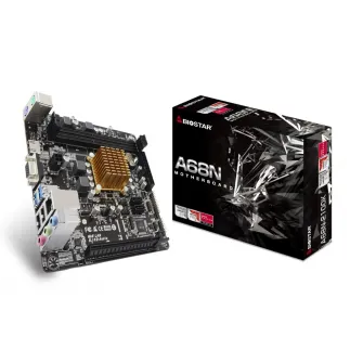 BIOSTAR A68N-2100K, MB + CPU onboard: Dual-core AMD E1-6010 1.35GHz, 2xDDR3-1600, AMD Radeon R2 Graphics, support HDCP, VGA, HDMI, 1x PCI-Ex16, 2xSATA3, COM+LPT headers, ALC887 7.1-Ch HDA, 1xGbE LAN, 2xUSB3.2 Gen1, 2xUSB 2.0, mini-ITX