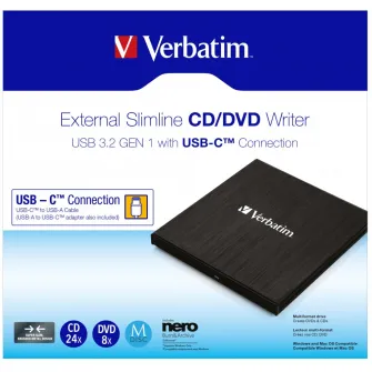 External Slimline CD/DVD Writer with USB-C VERBATIM, Portable Slim -14mm, Super-Multi CDR/RW +24x/-24x, DVDR+8x/-8x, RW+6x/-6x, DL+6x, miniDVD, M-DISC, USB3.2Gen1/USB-C, (USB-C to USB-A cable & USB-A to USB-C adapter included), Black, Retail (43886)