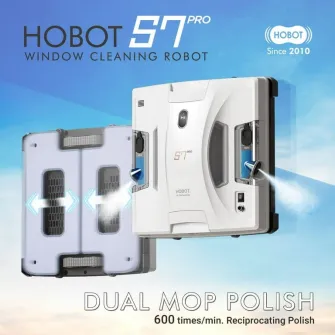 HOBOT Window Cleaning Robot  S7 Pro, Dual Mop Polish, Dual Ultrasonic Water Spray, AI Smart Route Plan for Through Cleaning, UPS anti-drop up to 20min, Long Power Cord (4m), Ultra-thin design, Remote control + Control via APP, Safety rope