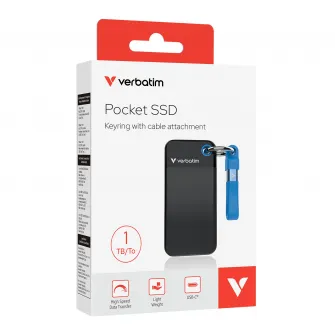 M.2 External SSD 1.0TB  Verbatim Pocket USB 3.2 Gen 2, Black/Blue, USB-C, Sequential Read/Write: up to 1000/1000 MB/s, Windows, Mac, Keyring and Cable Holder, Portable, Compact, Rugged and Perfect for travel, Ultra-lightweight, Cloth bag, Nero Backup Sof