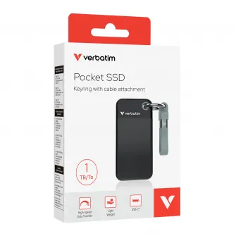 M.2 External SSD 1.0TB  Verbatim Pocket USB 3.2 Gen 2, Black/Grey, USB-C, Sequential Read/Write: up to 1000/1000 MB/s, Windows, Mac, Keyring and Cable Holder, Portable, Compact, Rugged and Perfect for travel, Ultra-lightweight, Cloth bag, Nero Backup Sof