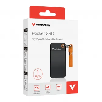M.2 External SSD 1.0TB  Verbatim Pocket USB 3.2 Gen 2, Black/Orange, USB-C, Sequential Read/Write: up to 1000/1000 MB/s, Windows, Mac, Keyring and Cable Holder, Portable, Compact, Rugged and Perfect for travel, Ultra-lightweight, Cloth bag, Nero Backup S