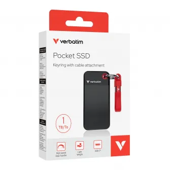 M.2 External SSD 1.0TB  Verbatim Pocket USB 3.2 Gen 2, Black/Red, USB-C, Sequential Read/Write: up to 1000/1000 MB/s, Windows, Mac, Keyring and Cable Holder, Portable, Compact, Rugged and Perfect for travel, Ultra-lightweight, Cloth bag, Nero Backup Soft