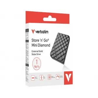 M.2 External SSD 1.0TB  Verbatim Store 'n' Go Mini Diamond SSD, Black/Blue, USB-C, Sequential Read/Write: up to 1000/1000 MB/s, Windows, Mac, Portable, Compact, Rugged and Perfect for travel, Ultra-lightweight, Cloth bag, Nero Backup Software (Win)