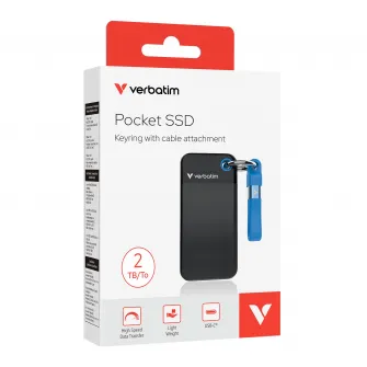 M.2 External SSD 2.0TB  Verbatim Pocket USB 3.2 Gen 2, Black/Blue, USB-C, Sequential Read/Write: up to 1000/1000 MB/s, Windows, Mac, Keyring and Cable Holder, Portable, Compact, Rugged and Perfect for travel, Ultra-lightweight, Cloth bag, Nero Backup Sof