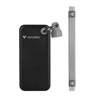 M.2 External SSD 2.0TB  Verbatim Pocket USB 3.2 Gen 2, Black/Grey, USB-C, Sequential Read/Write: up to 1000/1000 MB/s, Windows, Mac, Keyring and Cable Holder, Portable, Compact, Rugged and Perfect for travel, Ultra-lightweight, Cloth bag, Nero Backup Sof