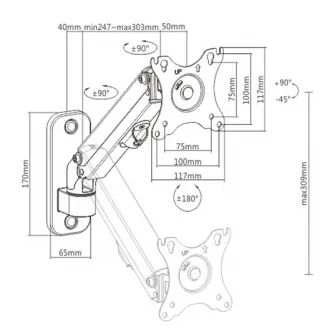 Monitor wall mount arm for 1 monitor up to 27