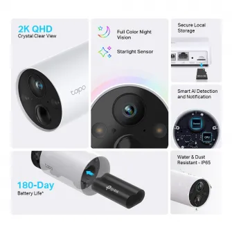 Outdoor IP Security Camera  TP-LINK Tapo C420S1, Smart Wire-Free Security Camera System + Hub Tapo H200, 1-Camera System, White, 2K QHD (2560 x 1440), IP65 Water&Dust Resistant, 180-Day Battery Life, Two-Way Audio, Motion Detection and Notifications, Infr