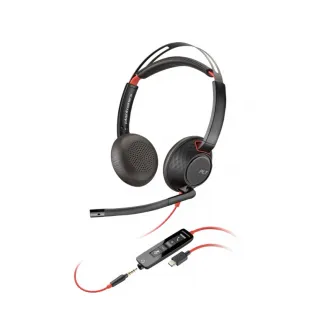 Poly Blackwire 5220 Stereo USB-C On-ear Headset +3.5mm Plug +USB-C/A Adapter, 20 Hz to 20 kHz, noise-cancelling microphone 100 Hz to 10 kHz, DSP, SoundGuard Digital, Call answer/end; Mute; Volume +/-,  travel case, cable length 217 cm, Black
