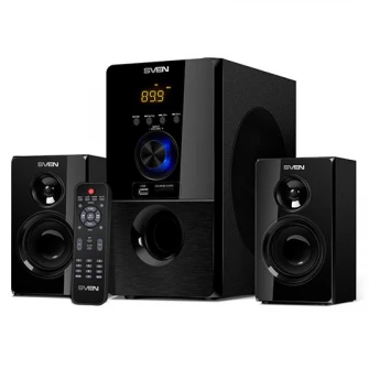 SVEN MS-2050 Black, 2.1/30Вт + 2x12.5Вт RMS, Bluetooth, FM-тюнер, вход USB и SD карты, цифровой светодиодный дисплей, встроенные часы, установка времени выключения, пульт ДУ, все деревянное