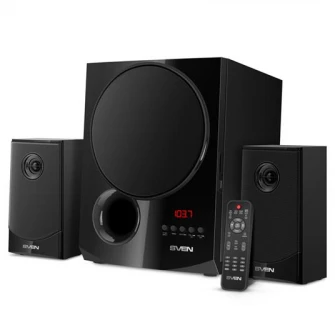 SVEN MS-2080 Black, 2.1/40Вт + 2x15Вт RMS, Bluetooth, FM-тюнер, вход USB и SD карты, цифровой светодиодный дисплей, встроенные часы, установка времени выключения, пульт ДУ, все деревянное