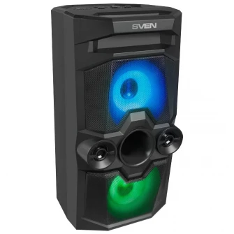 SVEN PS-650 Black, Bluetooth Portable Speaker, 50W RMS, Effective multi-colored lighting, LED display, FM tuner, USB & microSD, built-in lithium battery 2x4000 mAh, tracks control, AUX, RC, Optical, micro USB or 5V DC power supply
