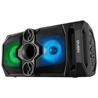 SVEN PS-650 Black, Bluetooth Portable Speaker, 50W RMS, Effective multi-colored lighting, LED display, FM tuner, USB & microSD, built-in lithium battery 2x4000 mAh, tracks control, AUX, RC, Optical, micro USB or 5V DC power supply