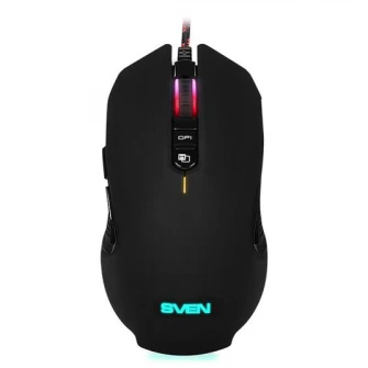 SVEN RX-G955 Gaming, Optical Mouse, 600-4000 dpi, 7+1 buttons (scroll wheel),  DPI switching modes, Two navigation buttons (Forward and Back), RGB backlight, Soft Touch coating, USB, Black