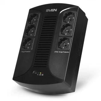 SVEN UP-L1000E, Линейно-интерактивный ИБП с АРН, 1000 ВА/510 Вт, 6 розеток Schuko (3 резервные, все 6 с защитой от перенапряжения), светодиодная индикация состояния, черный
