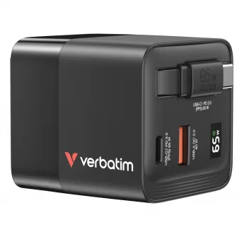 USB Charger VERBATIM Mini GaN Charger 65W with retractable USB-C 80cm cable, 2 Port (1 USB-C PD 3.0, 1 USB-A QC 3.0), US plug with EU and UK adaptors, fireproof material, black