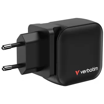 USB Charger VERBATIM Mini GaN Charger 70W, 3 Port (2 USB-C PD 3.0, 1 USB-A QC 3.0), US plug with EU and UK adaptors, fireproof material, black