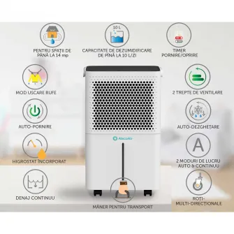 Dezumidificator AlecoAir D10 Junior,10 litri/zi, Uscare Rufe, Display digital, Debit Aer 80 mc/h, Higrostat, Timer, Auto-restart